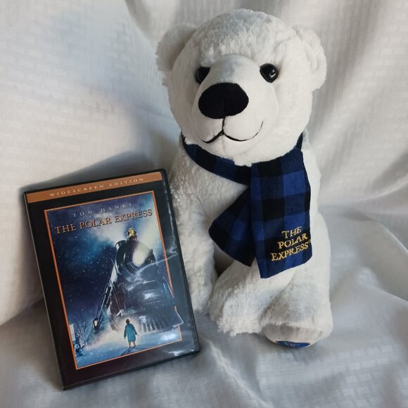Polar Express Teddy Bear White Plush Blue Plaid Scarf 13" with Bonus Disk 1 DVD - Picture 1 of 6